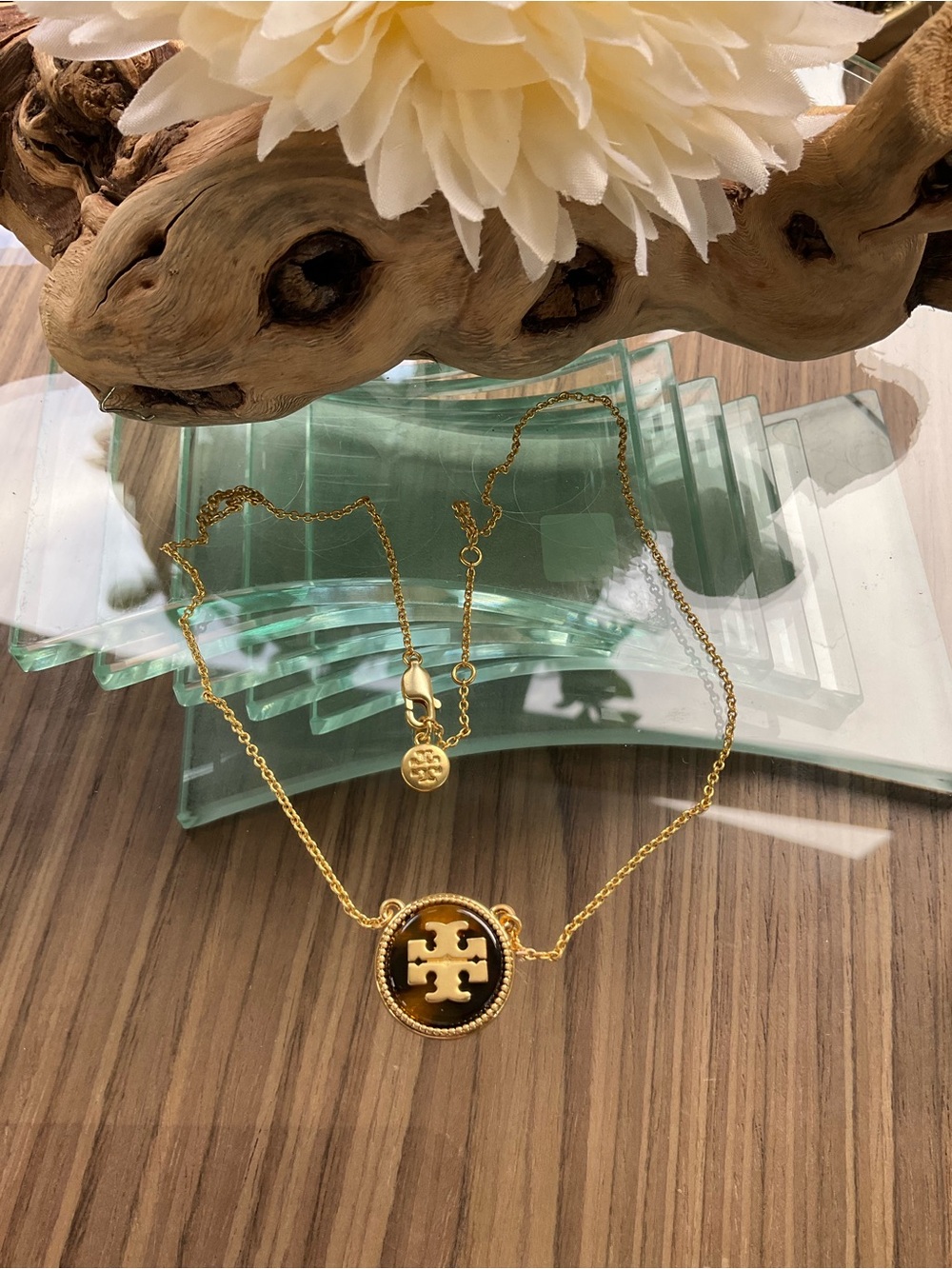 Tory Burch Gold and Black Logo Medallion Necklace
